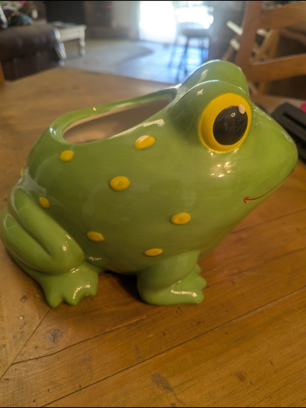 Playful Green Frog Ceramic Planter Or Cookie Jar with Yellow Accents